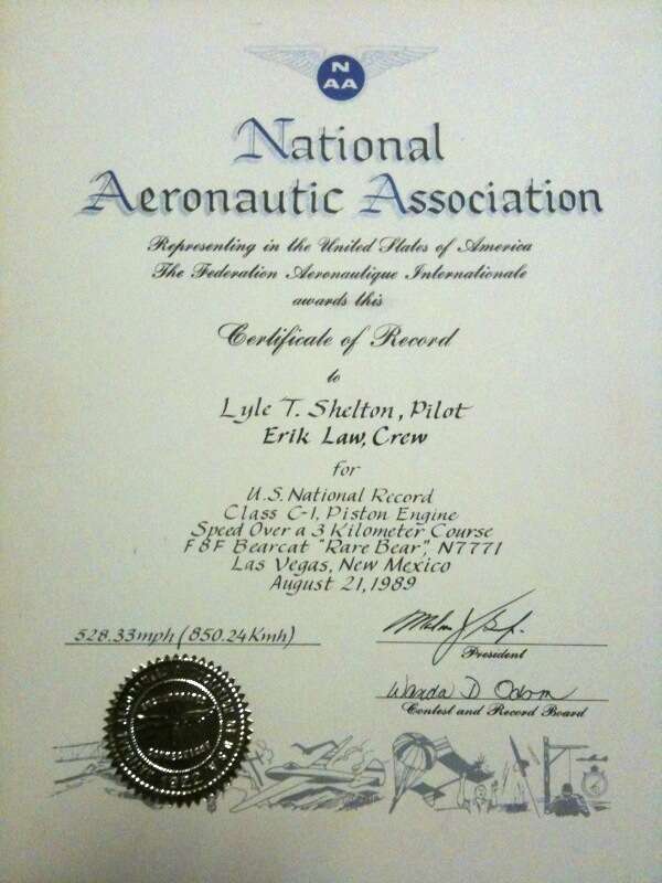 Certificate of Record from National Aeronautic Association. US National Record, Class C1 Piston Engine Speed over a 3km Course.