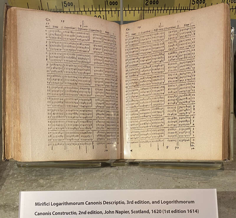 Page from Napier trigonometric table on display at the Computer History Museum. From CHM's display label: "Mirifici Logarithmorum Canonis Descriptio, 3rd edition, and Logorithmorum Canonis Constructio, 2nd edition, John Napier, Scotland, 1620 (1st
