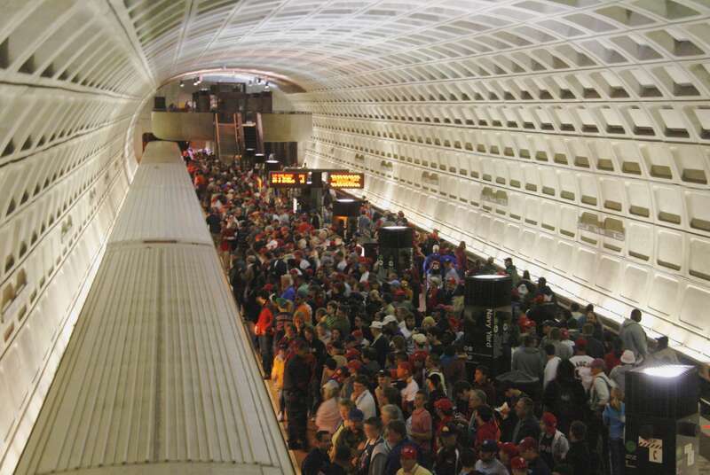 The Navy Yard Metro station, located in Washington, D.C., crowded after a Nationals baseball game at nearby Nationals Park.