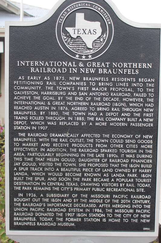 International &amp; Great Northern Railroad in New Braunfels. As early as 1875, New Braunfels residents began petitioning rail companies to bring lines into the community. The town's first major proposal, to the Galveston, Harrisburg and San Antonio