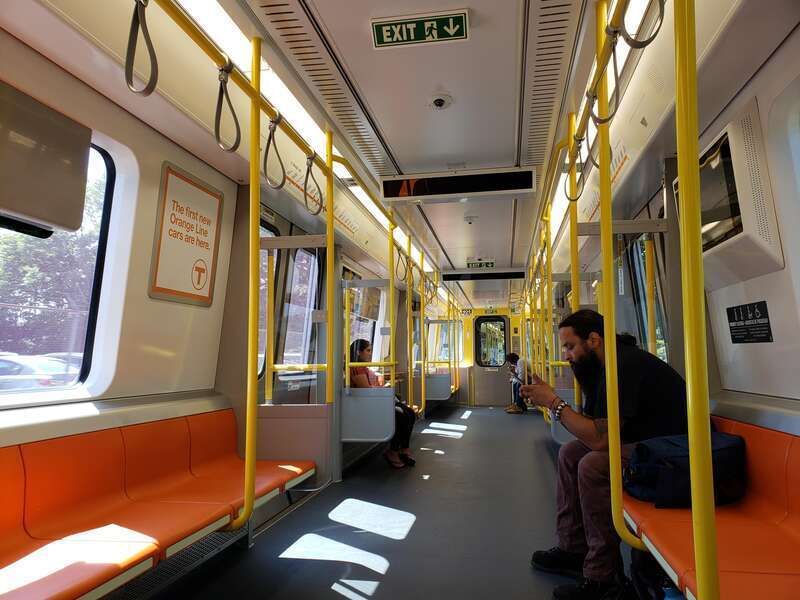 The first new set of MBTA Orange Line cars produced by CRRC (Orange Line #14 vehicles) on the second day of revenue service.