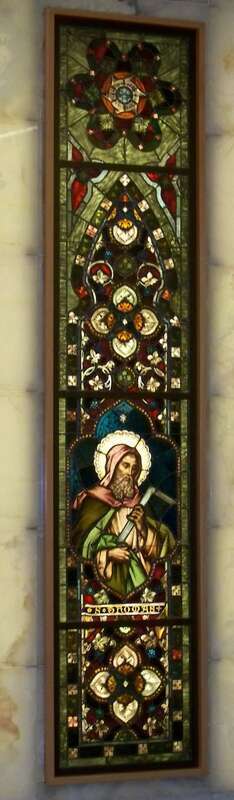 Stained glass panes in the crypt of the cathedral of Christ the Light, Oakland, CA. The inscription reads Saint Thomas.