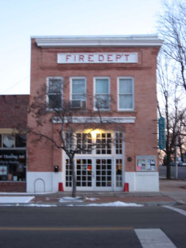 Front of the Longmont Fire Department, located at 667 Fourth Avenue in eastern Longmont, Colorado, United States.  Built in 1907, the fire department building has since been converted into an art gallery.  It has been listed on the National Register