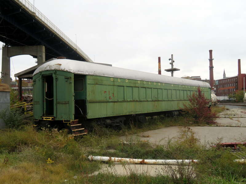 Pennsylvania Railroad P70 coach, formerly part of the Old Colony &amp; Fall River Railroad Museum, left at Fall River Wharf in October 2020