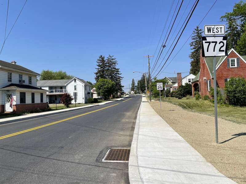 Westbound Pennsylvania Route 772 (Marietta Avenue) past the intersection with New Haven Street in Mount Joy, Pennsylvania