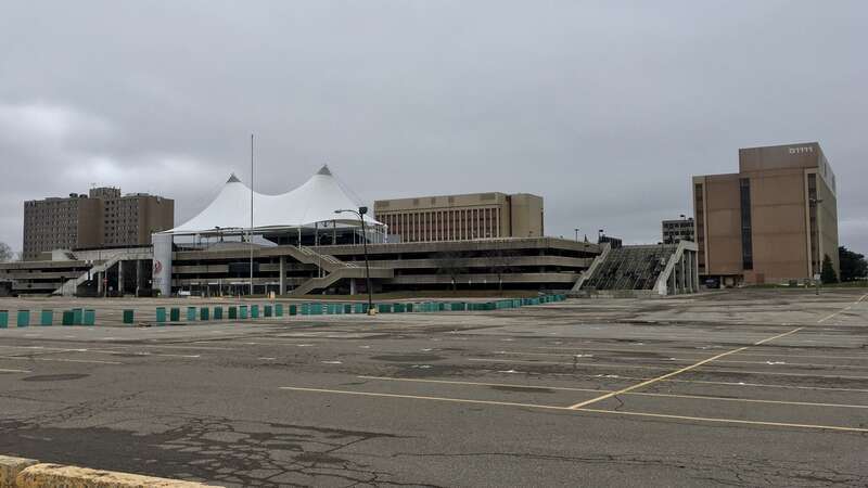 As seen in December 2020: the Phoenix Center, the centerpiece of Pontiac, Michigan's downtown district, a monument to the city's urban renewal era, and - in the words of the Oakland Press - "a massive concrete metaphor for what the city has