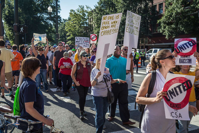 Several hundred people participated in the "Richmond Stands United for Racial Justice" rally and march on September 16, 2017 in Richmond, Virginia, to counter planned pro-Confederate statue demonstrations.