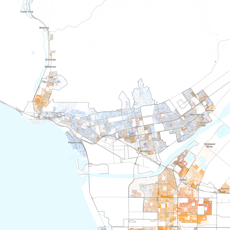 Map of the distribution of races and ethnicities in US cities, inspired by similar maps created by Dustin Cable and others.
Blue is White, Green is Black, Red is Asian, Orange is Hispanic, Purple is Multiracial, and Brown is Native American/Other.