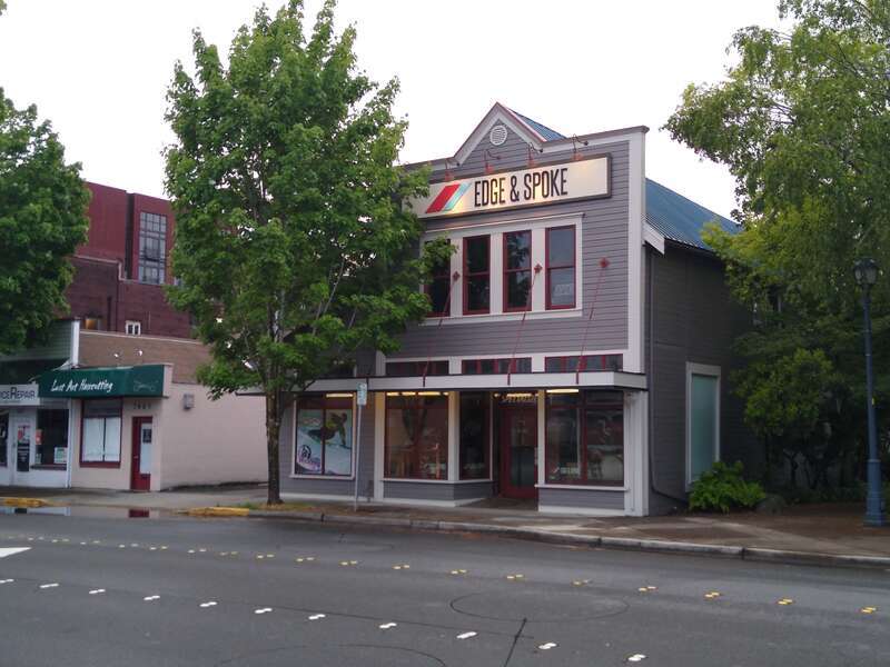 The Lodge Hall building on NE Leary Way in downtown Redmond which now is home to the Edge and Spoke bicycle shop. It was originally built in 1903 for the Redmond Hardware Company.
