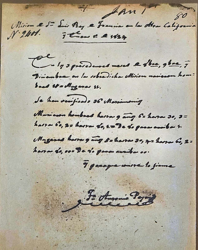 Reproduction of letter written by Fr. Antonio Peyri in 1824. On display at Mission San Luis Rey, Oceanside, California, USA.