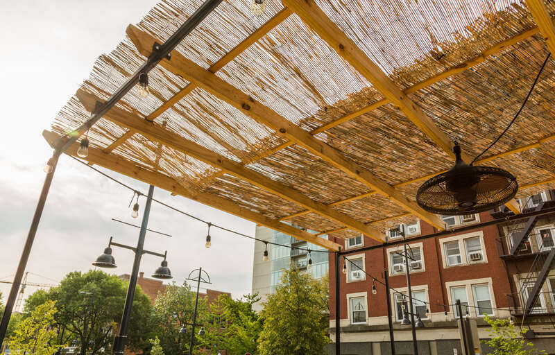 A covered patio at Washington street and Dubuque Street in downtown Iowa City, Iowa.