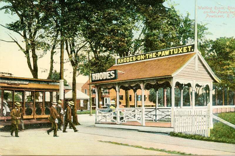 Divided back postcard of the streetcar waiting room at Rhodes-on-the-Pawtuxet