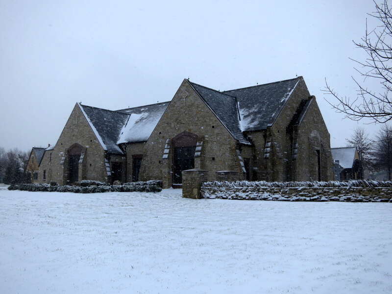 Saint Brigid Church (Dublin, OH) - exterior, parish center (Hendricks Hall) during a snow storm