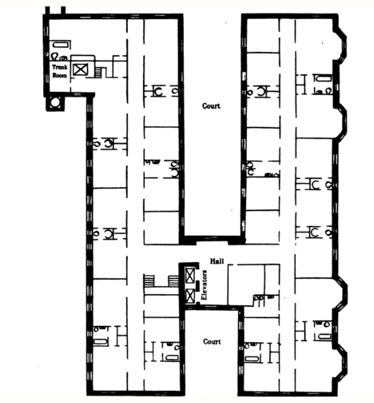 Typical floor plan of San Carlos Hotel, 1 North Palafox Street, Pensacola, Florida. Opened 1910; demolished 1993.