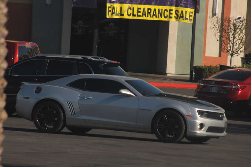 A Silver and black Chevrolet Camaro parked at the Boulevard Mall in Las Vegas, Nevada.