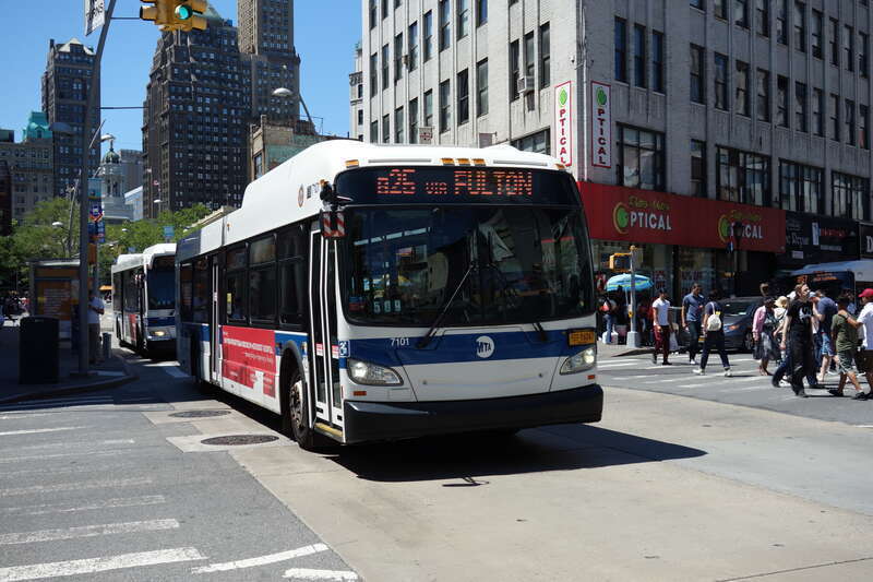 A Broadway Junction-bound B25 bus traveling east on Fulton Mall at Jay Street / Smith Street in Downtown Brooklyn.