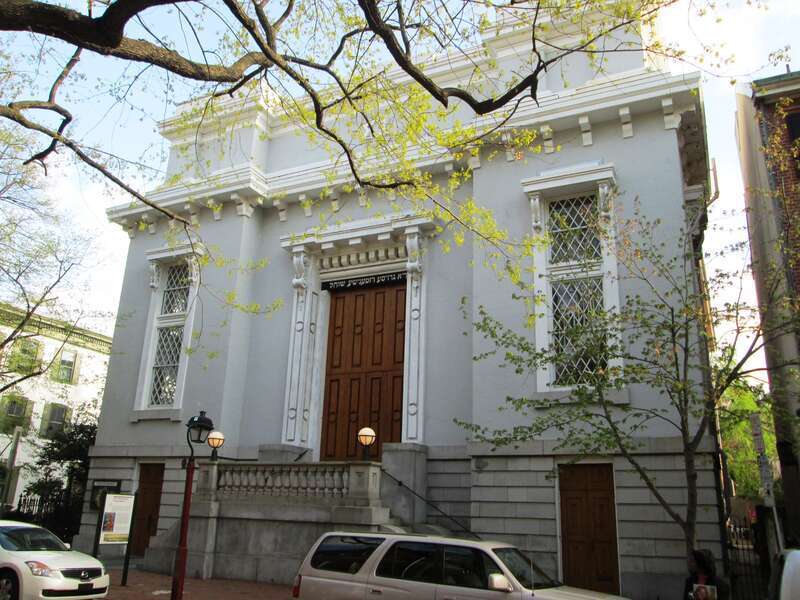 The Society Hill Synagogue at 418 Spruce Street at the corner of S. 4th Street in the Society Hill neighborhood of Philadelphia was built in 1829-30 and was designed by Thomas U. Walter.  It was altered in 1851. (Source: Philadelphia Architecture: A