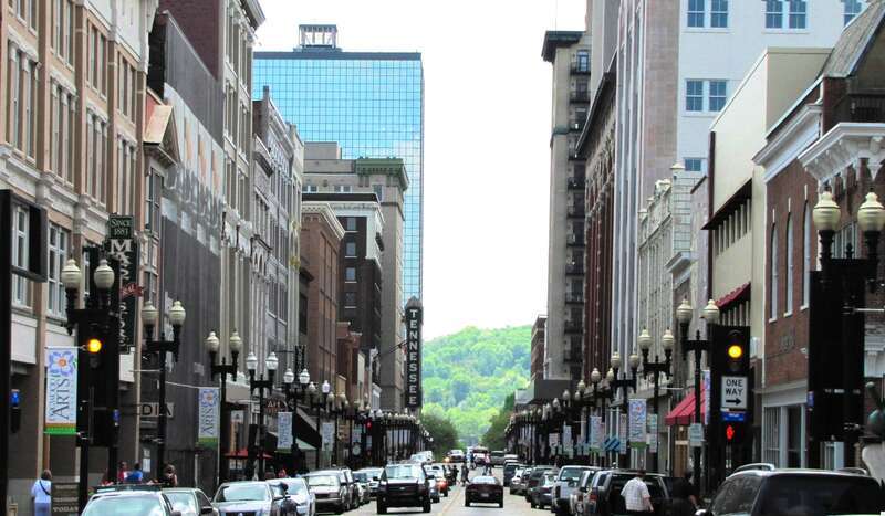 View south along South Gay Street in Knoxville, Tennessee, USA.  Several of the buildings pictured are contributing buildings in the NRHP-listed Gay Street Commercial Historic District.  The Plaza Tower (First Tennessee Plaza), Knoxville's tallest