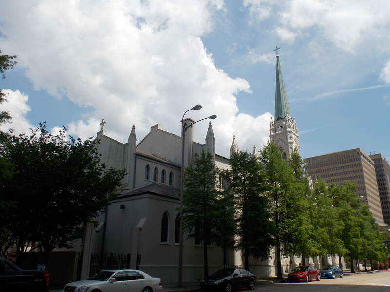 An exterior view of the apse of St. Joseph Cathedral in Baton Rouge, Louisiana.  It is listed on the National Register of Historic Places.