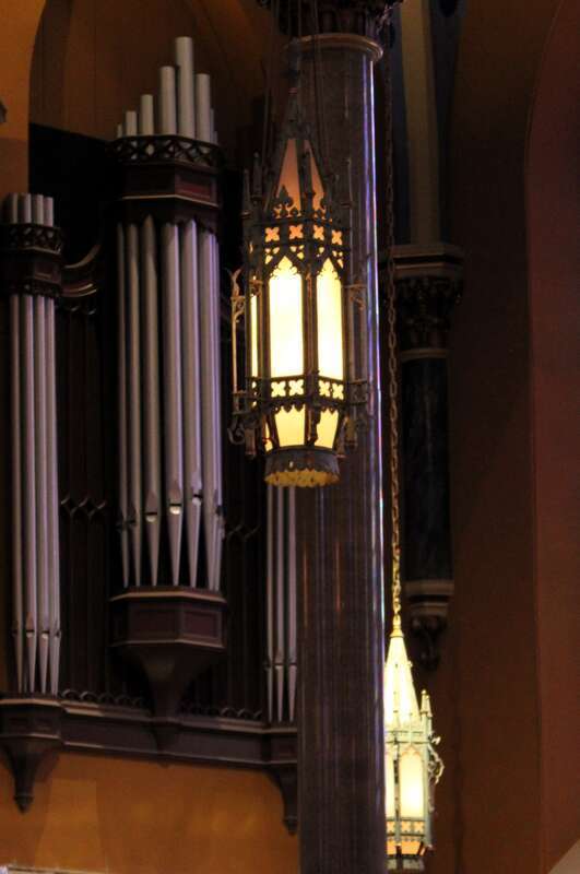 Interior light fixtures in the Cathedral of Saint Mary of the Immaculate Conception in Peoria, Illinois. They were designed by Ralph Adams Cram and manufactured by the Kinsley &amp; Mahler Co. of Peoria. They were installed in 1935.