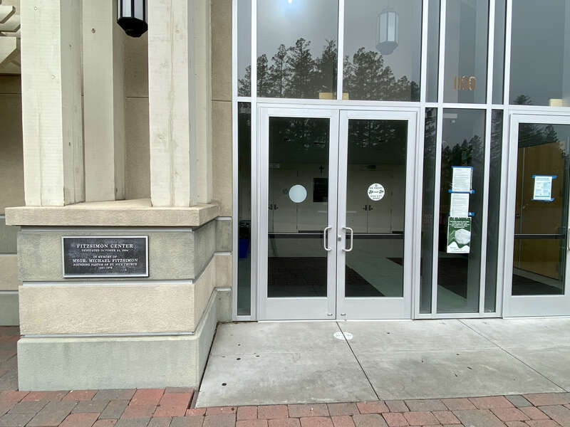 St. Pius Catholic Church in Redwood City, California. Plaque of Fitzsimon Center (old church building)