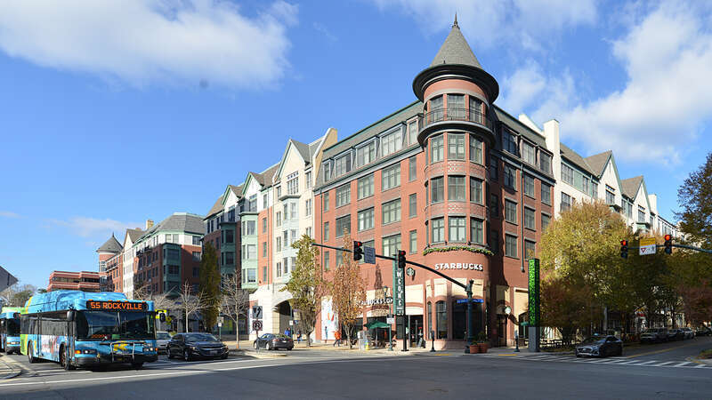 A Starbucks on the corner of Maryland Ave and E. Middle Ln. 39 Maryland Avenue, Rockville, Maryland 20850.