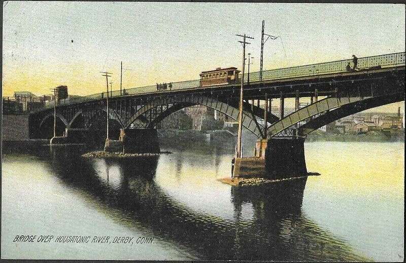 Divided back postcard of the 1891-built Derby–Shelton bridge with a streetcar, postmarked in 1908