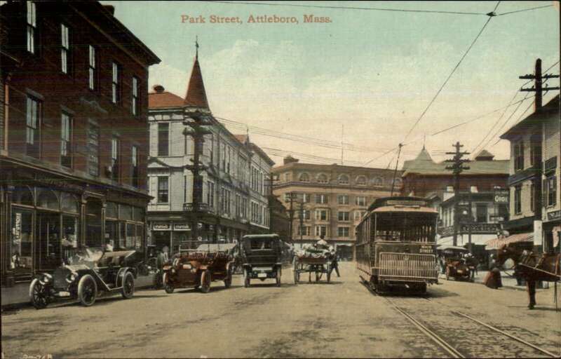 Divided back postcard of an Interstate Consolidated Street Railway streetcar on Park Street in Attleboro, Massachusetts. The car is signed "Main Street" - presumably the route to Pawtucket via South Main Street.