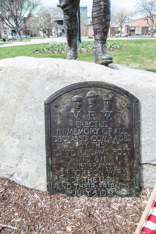 World War I "Doughboy" Statue Memorial on the south side of the Taunton Green. Massachusetts. "Erected in memory of all deceased comrades by the David F. Adams Post No. 611 Veterans of foreign Wars of the U.S.A. and their friends July 5, 1937"