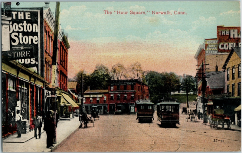Divided back postcard of the "Hour Square" in Norwalk, so-called for the Norwalk Hour building at center, postmarked in 1912