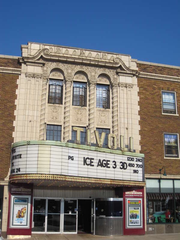 Tivoli Theater, in downtown Downers Grove, announcing Ice Age 3 in 3-D on the marquee