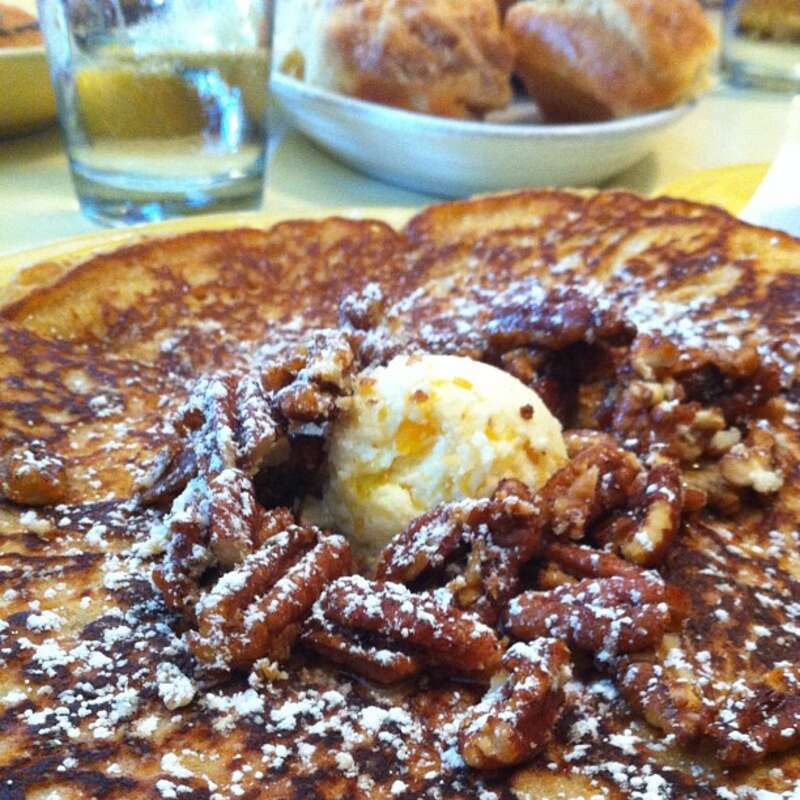Tupelo Honey Cafe, Asheville NC June 2012 - Sweet potato pancakes with peach butter &amp; toasted spicy pecans @tupelohoneycafe.
