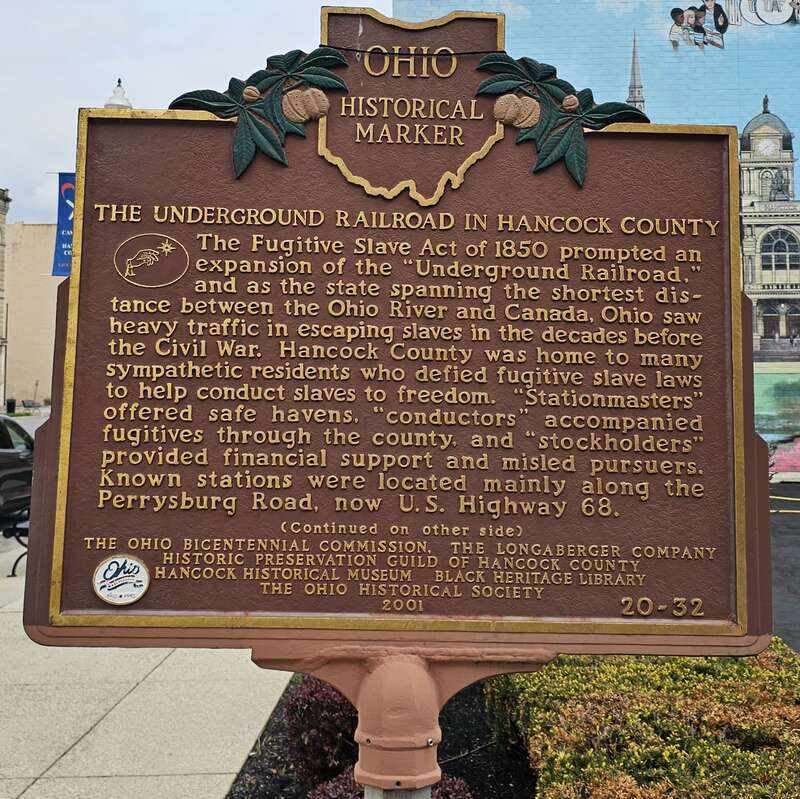 Front of the Underground Railroad in Hancock County state historical marker in Findlay, Ohio