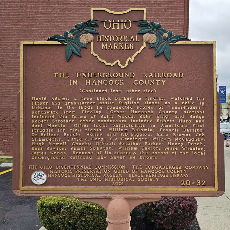 Rear of the Underground Railroad in Hancock County state historical marker in Findlay, Ohio