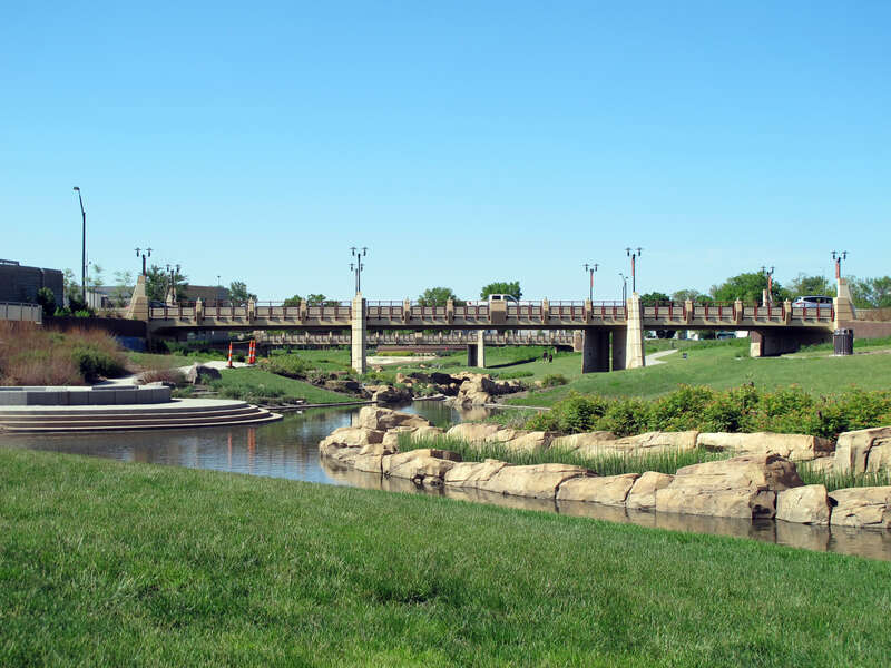 Photo of Union Plaza; as seen from near the "O" Street bridge, along Antelope Creek, in Lincoln, Nebraska.  Photo is looking north towards the "P" and "Q" Street bridges.