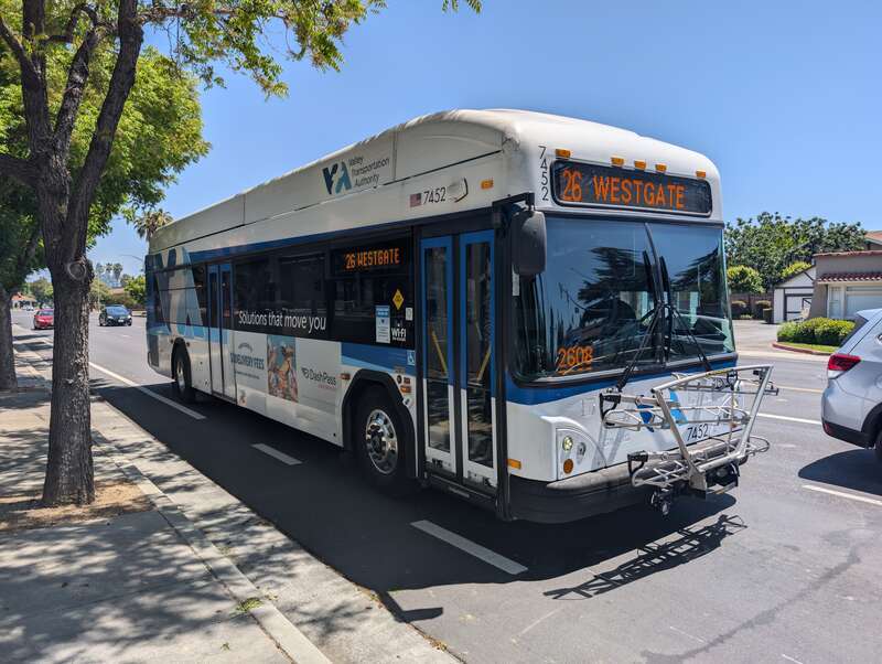 SCVTA bus number 7452, a Gillig Low Floor HEV, serving route 26 westbound at Campbell Ave and Union Ave in Campbell, California. The destination sign on the front reads "26 WESTGATE".