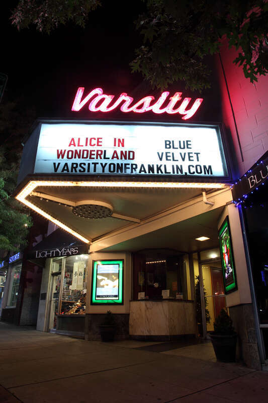 The Varsity Theatre at night on Franklin Street in Chapel Hill, North Carolina.