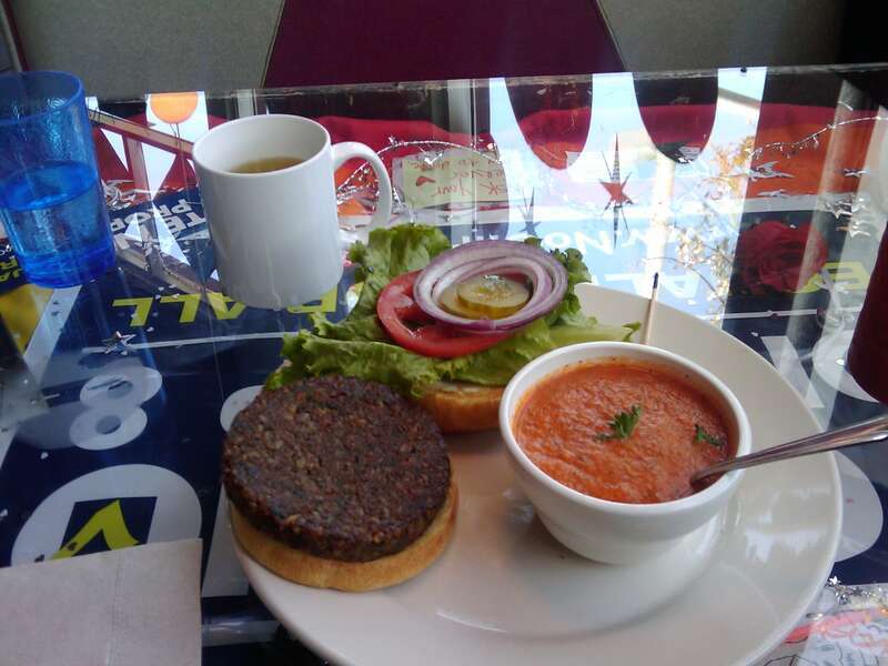 Vege burger at Saturn Cafe, Santa Cruz. Each table was themed. Mine was say no to Prop 8 (a proposal to ban gay marriage) - that very day it was announced that the campaign failed.