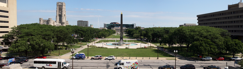 Looking north from the Indiana War Memorial across Veterans Memorial Plaza in Indianapolis, Indiana.