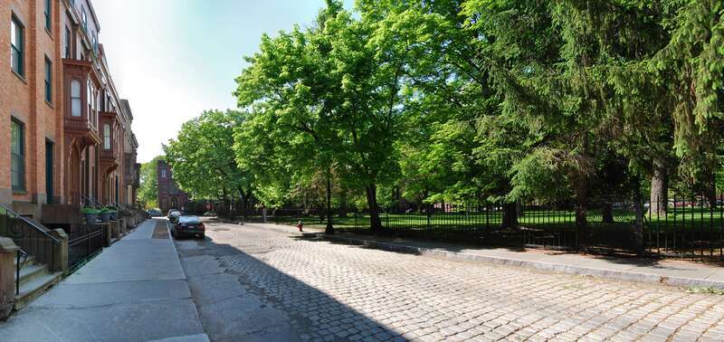 Washington Park and surrounding brownstones in Troy, New York, United States