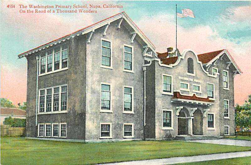 A tinted postcard of Washington Primary School published by the Cardinell-Vincent Company of San Francisco soon after the school opened in 1909.  The text on the card reads, "4954 The Washington Primary School, Napa, California - On the Road of a