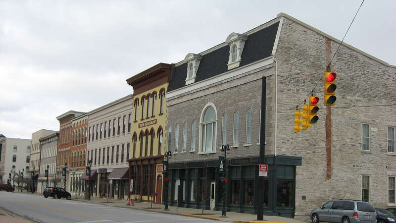 Buildings on the northern side of the 100 block of E. Water Street in Sandusky, Ohio, United States.  They are some of the Water Street Commercial Buildings, a historic district that is listed on the National Register of Historic Places.