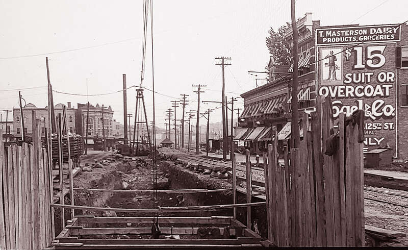 Construction of Westchester Avenue sewer.
In 1920 the Pelham Line elevated train was extended 
to Westchester Square
Photo from Lehigh University,

Bethlehem, Pennsylvania