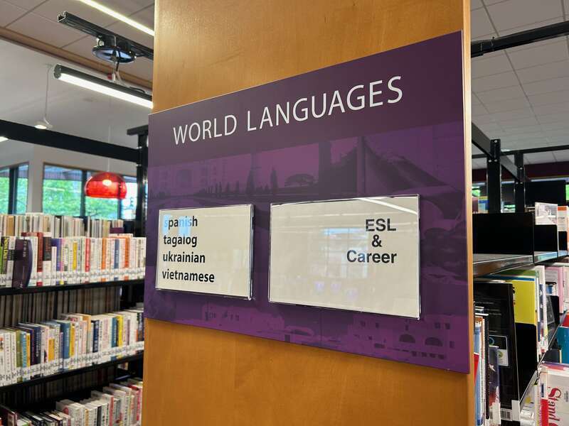 World languages sign at the Kent Regional Library in Kent, Washington.