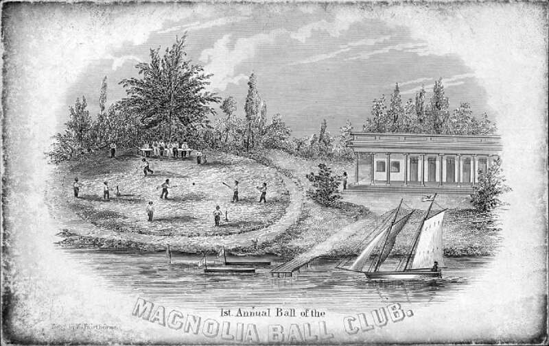 Ticket to the "1st Annual Ball of the Magnolia Ball Club". Engraving features the Colonnade Hotel at the Elysian Fields and a group of men playing baseball.