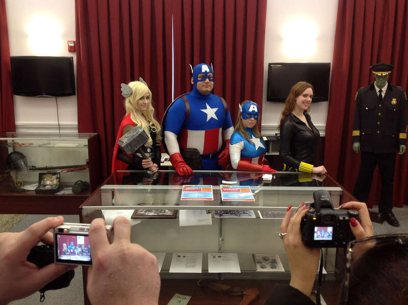 Cosplayers on Day 1 of the first annual Artists Assemble! comics festival at the William V. Musto Cultural Center in Union City, New Jersey, February 2, 2013. Portraying Captain America and American Dream are Rafael Pedragon and Elizabeth Tsygen,