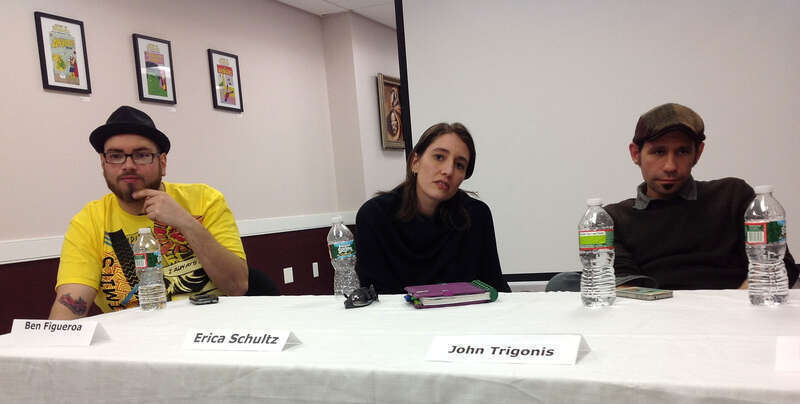 Panel discussion on the topic of Writing and Storytelling in Comics on Day 2 of the first annual Artists Assemble! comics festival at the William V. Musto Cultural Center in Union City, New Jersey, February 3, 2013. Seated behind the table, from left