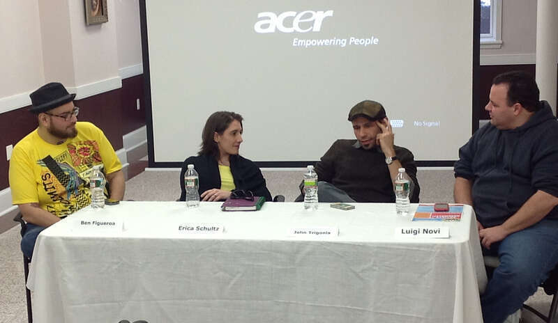 Panel discussion on the topic of Writing and Storytelling in Comics on Day 2 of the first annual Artists Assemble! comics festival at the William V. Musto Cultural Center in Union City, New Jersey, February 3, 2013. Seated behind the table, from left