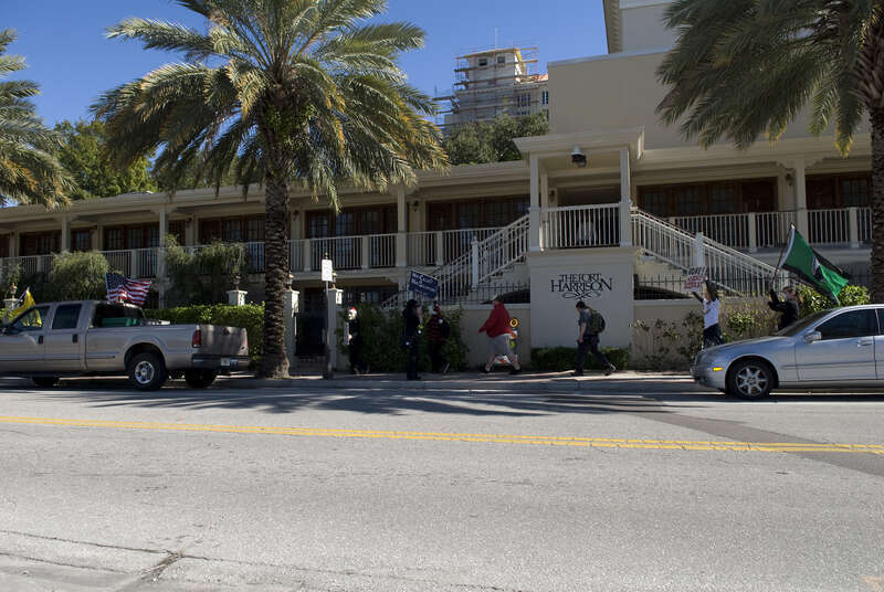Anons passing in front of the room in the Fort Harrison where Lisa McPherson's life ended.
The 11th straight global monthly protest against the cult of scientology in Clearwater was a holiday themed Operation Snow White Christmas.
In the 70's the