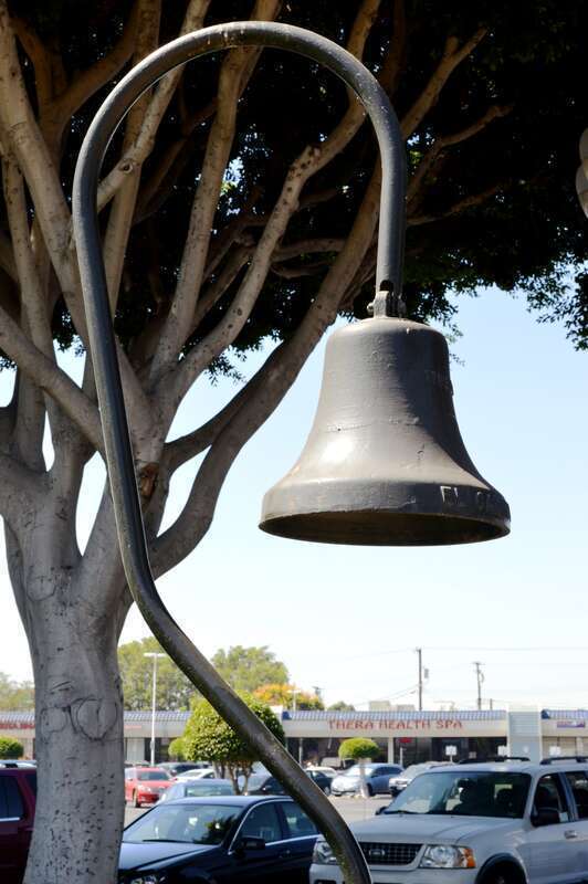 El Camino Real bell on the corner of El Camino Real and El Camino Way - Old Town Tustin, Tustin, Orange County, California.
